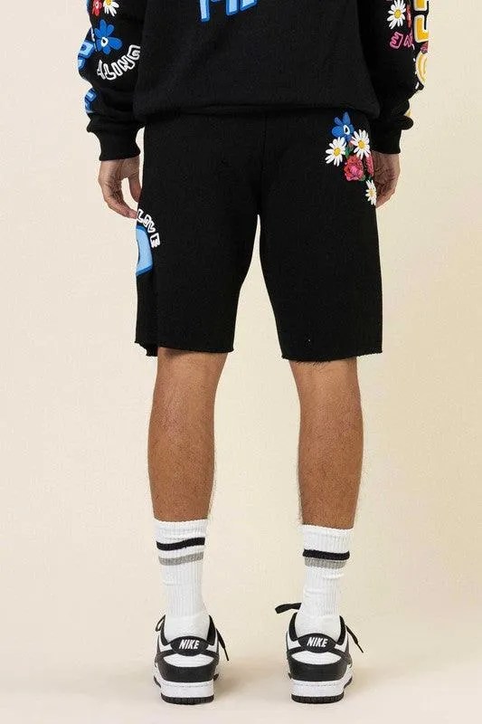 Mens Black Flower Puff Print Shorts