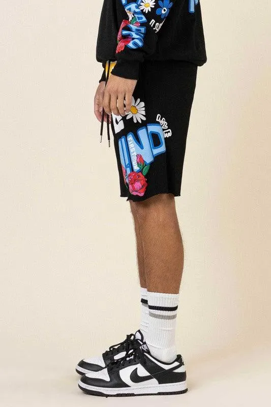 Mens Black Flower Puff Print Shorts