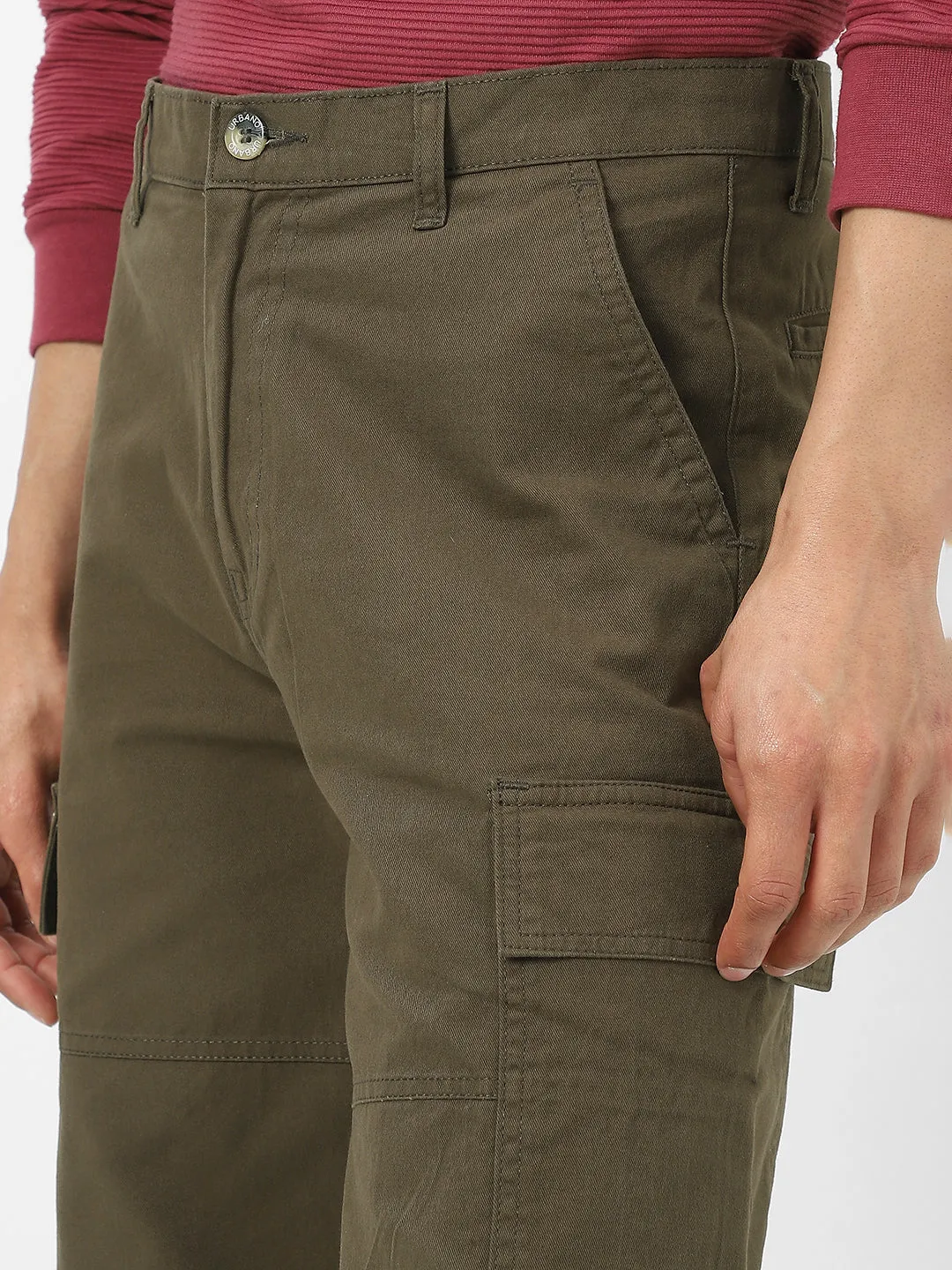 Men's Olive Loose Baggy Fit Solid Cargo Chino Pant with 6 Pockets Non-Stretchable