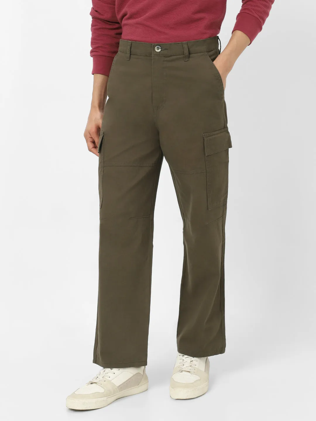 Men's Olive Loose Baggy Fit Solid Cargo Chino Pant with 6 Pockets Non-Stretchable