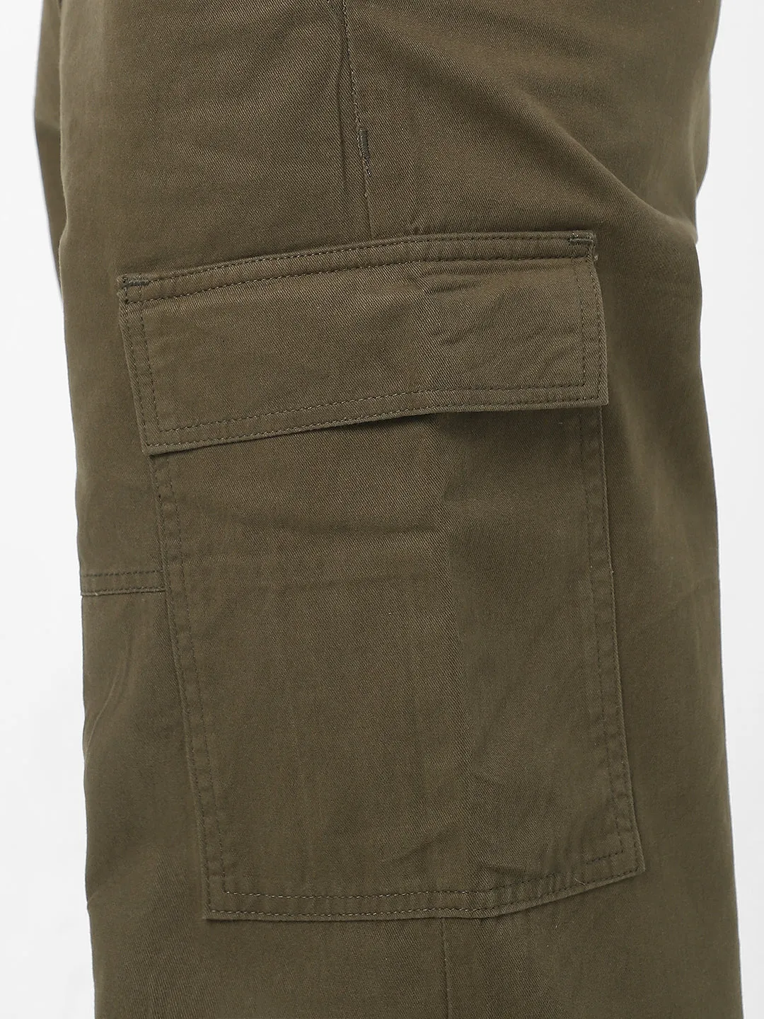 Men's Olive Loose Baggy Fit Solid Cargo Chino Pant with 6 Pockets Non-Stretchable