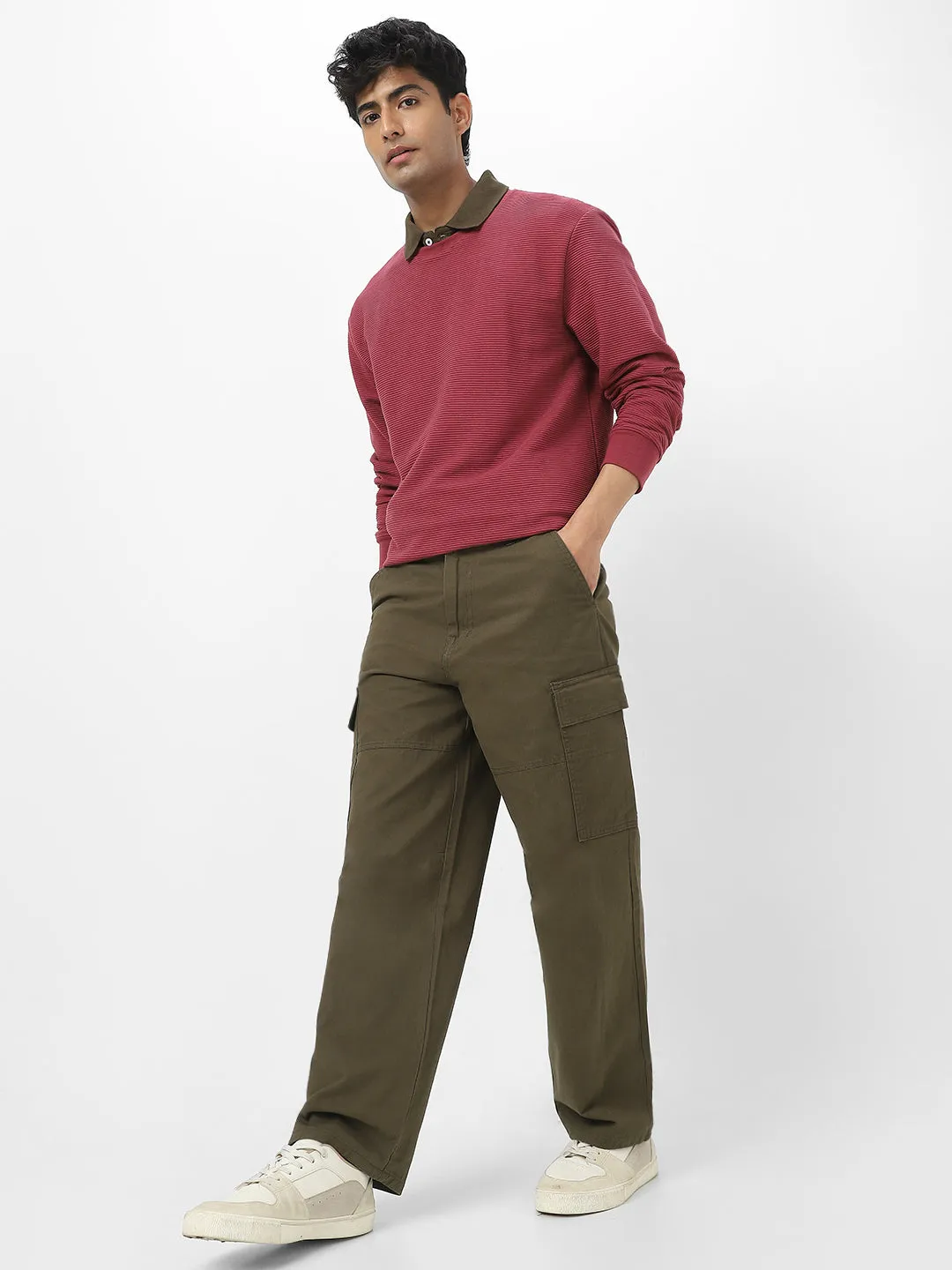 Men's Olive Loose Baggy Fit Solid Cargo Chino Pant with 6 Pockets Non-Stretchable