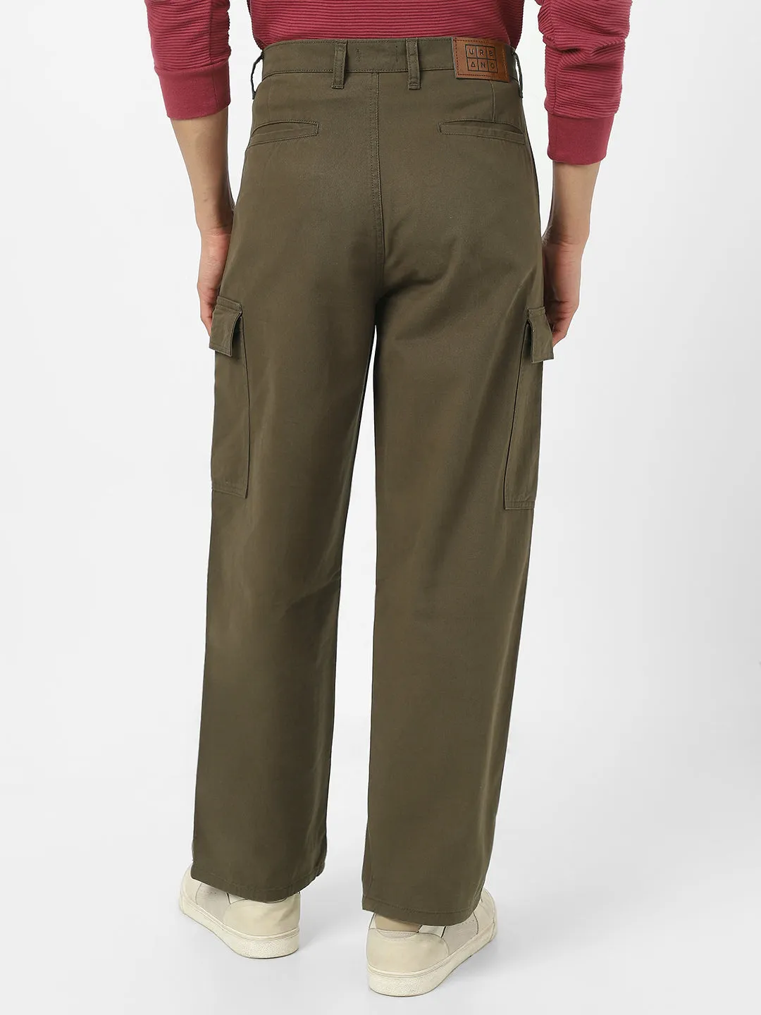 Men's Olive Loose Baggy Fit Solid Cargo Chino Pant with 6 Pockets Non-Stretchable