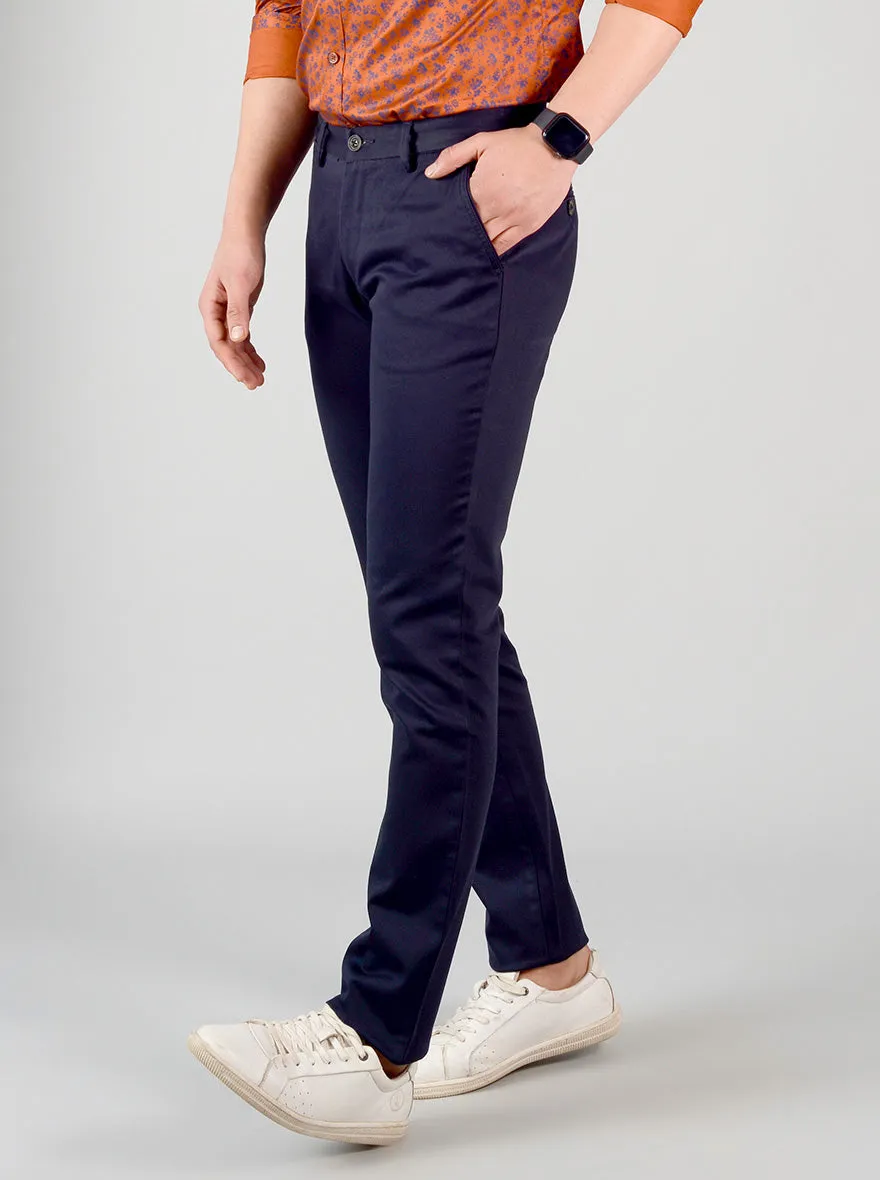 Navy Blue Self Textured Slim Fit Chinos | JadeBlue