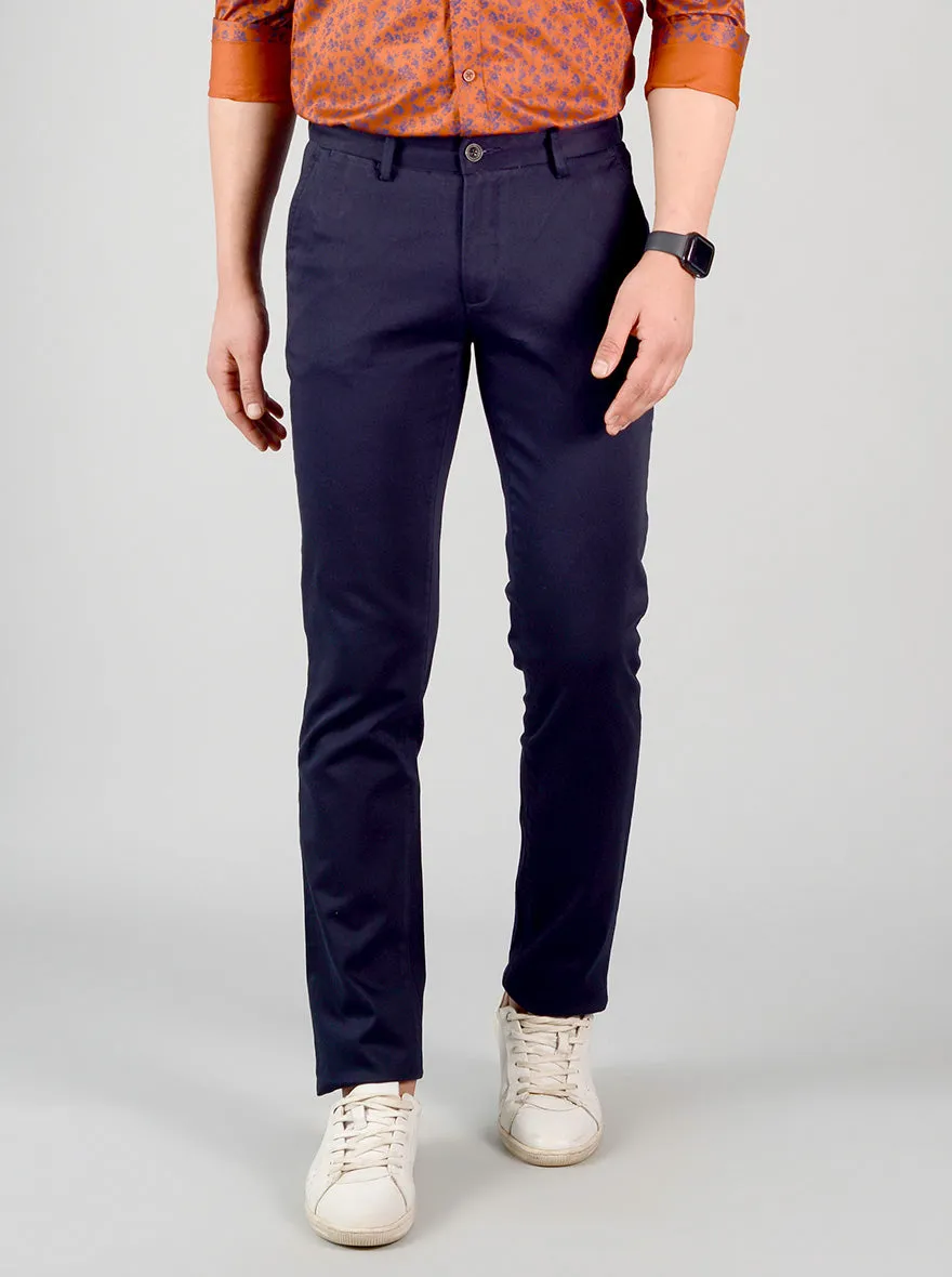 Navy Blue Self Textured Slim Fit Chinos | JadeBlue