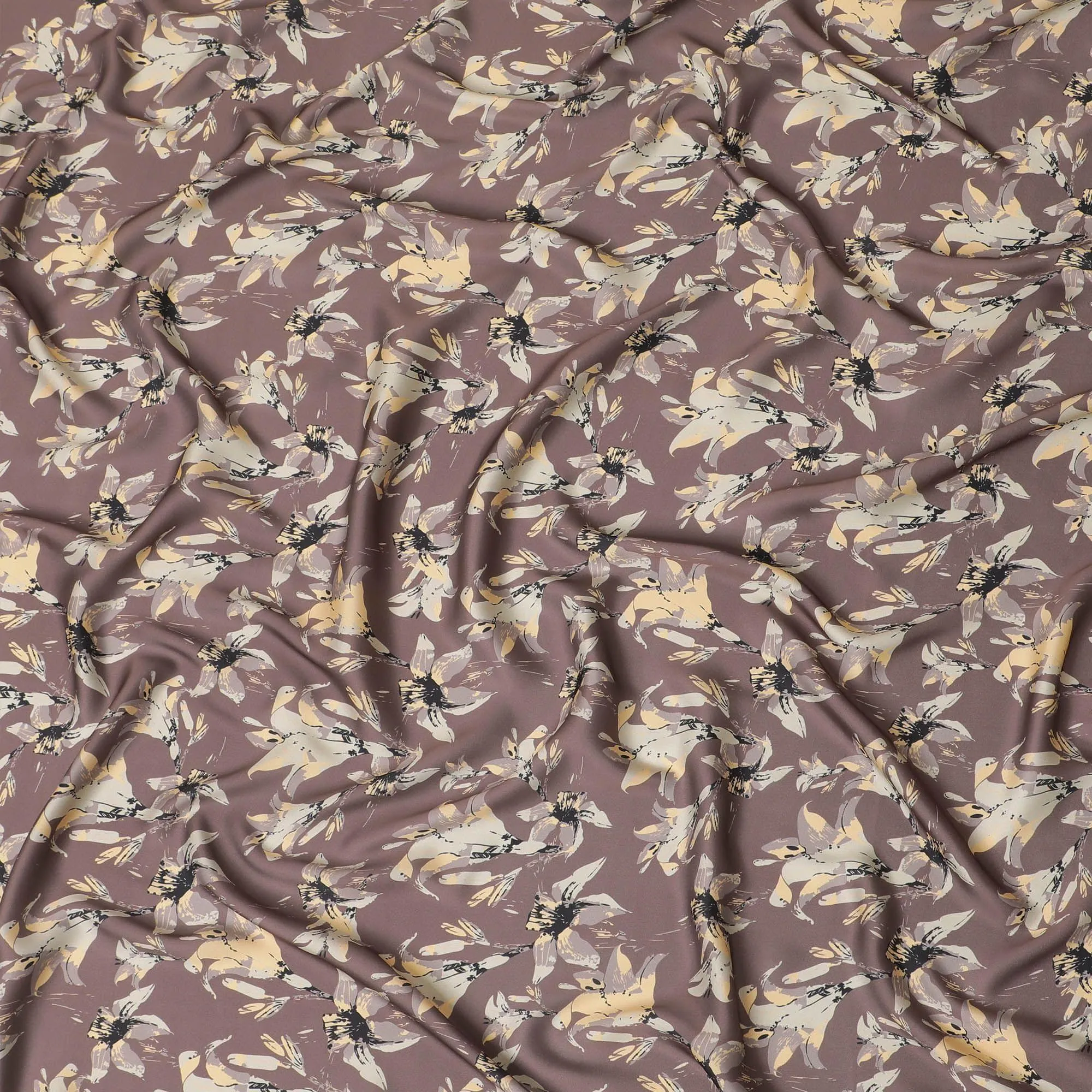 Pecan brown synthetic crepe fabric with multicolor print in floral design-D15672