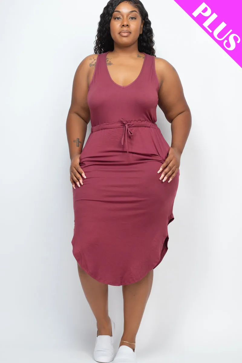 Plus Size Drawstring Sleeveless Midi Dress