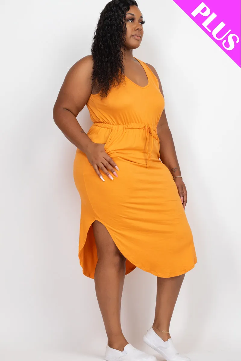Plus Size Drawstring Sleeveless Midi Dress
