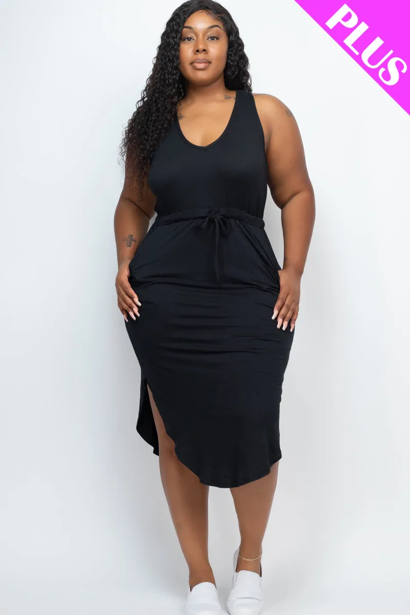 Plus Size Drawstring Sleeveless Midi Dress