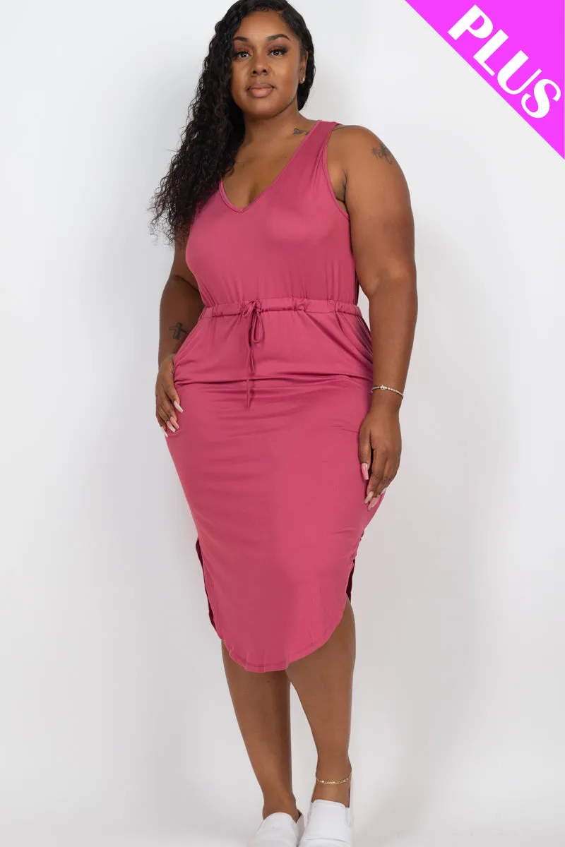 Plus Size Drawstring Sleeveless Midi Dress