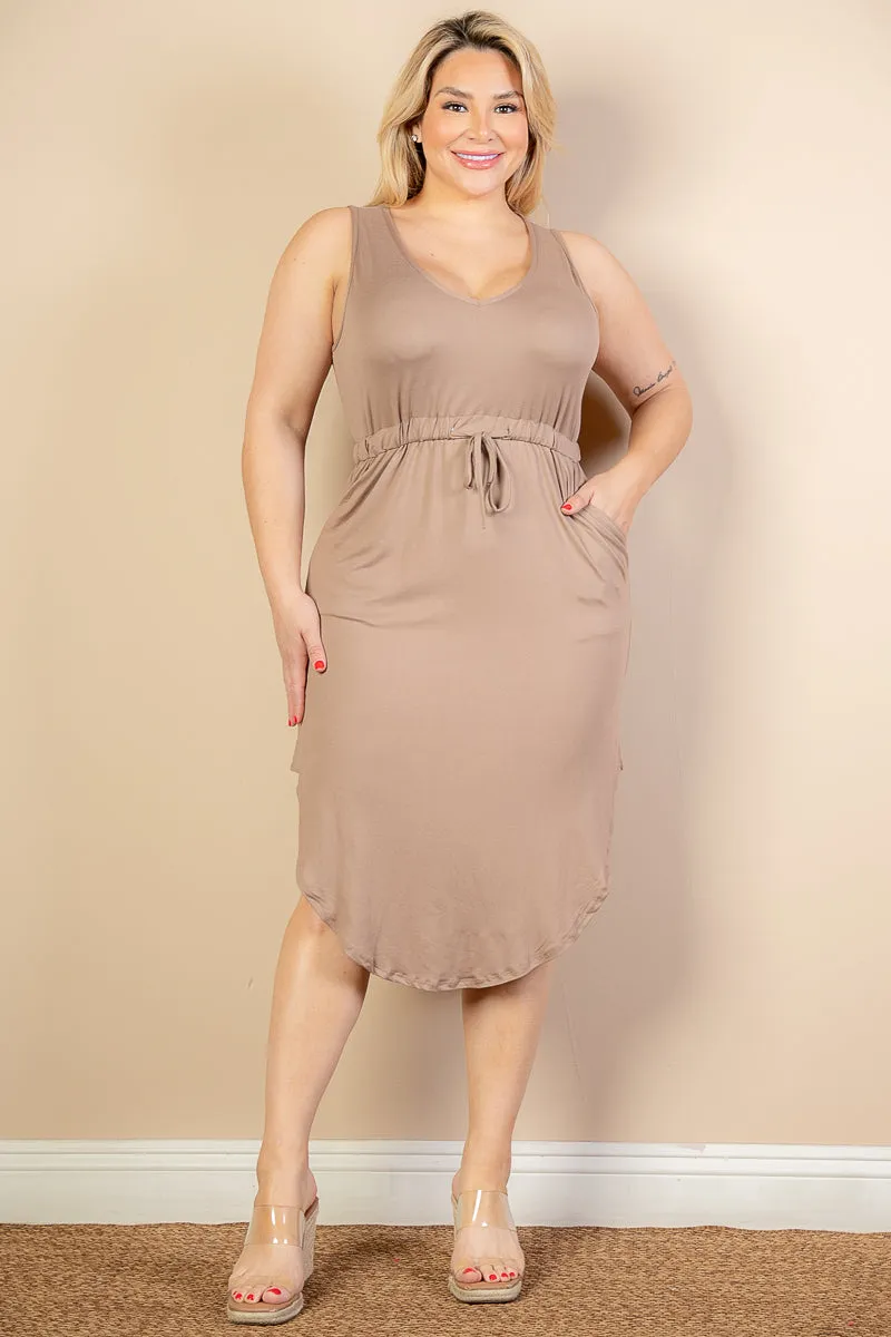 Plus Size Drawstring Sleeveless Midi Dress