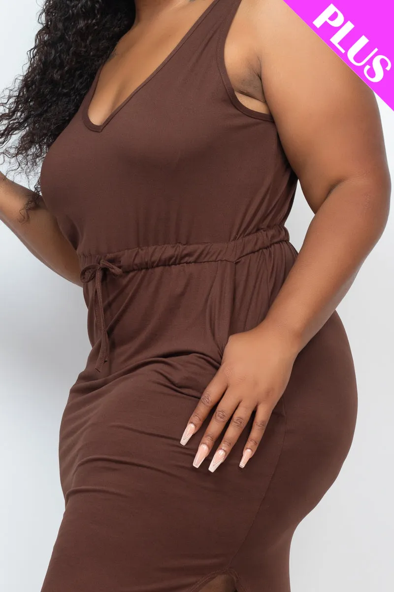 Plus Size Drawstring Sleeveless Midi Dress