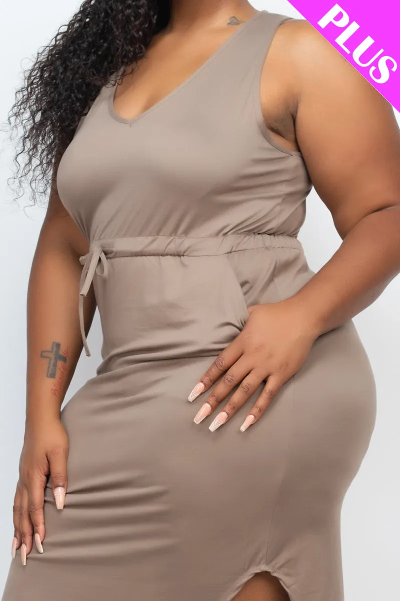 Plus Size Drawstring Sleeveless Midi Dress