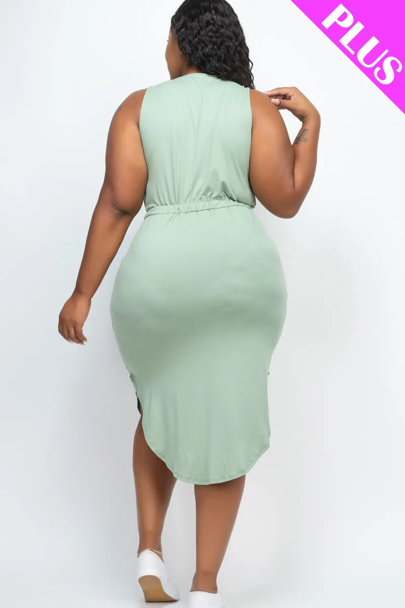 Plus Size Drawstring Sleeveless Midi Dress