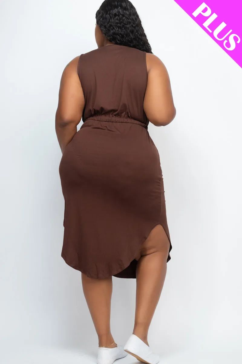 Plus Size Drawstring Sleeveless Midi Dress