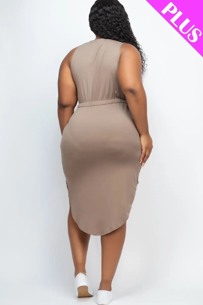 Plus Size Drawstring Sleeveless Midi Dress