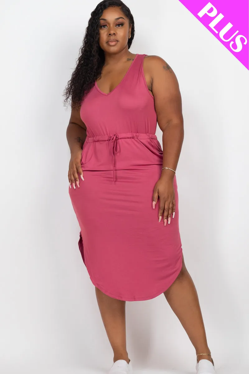 Plus Size Drawstring Sleeveless Midi Dress