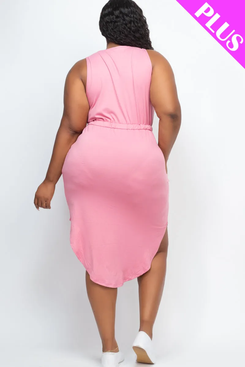 Plus Size Drawstring Sleeveless Midi Dress