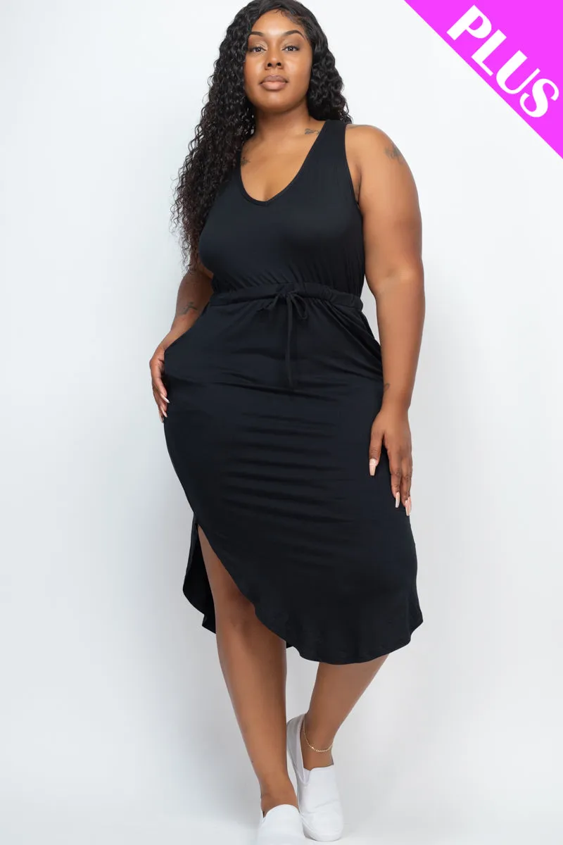 Plus Size Drawstring Sleeveless Midi Dress