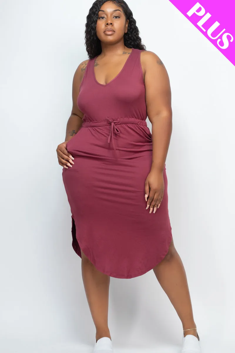 Plus Size Drawstring Sleeveless Midi Dress
