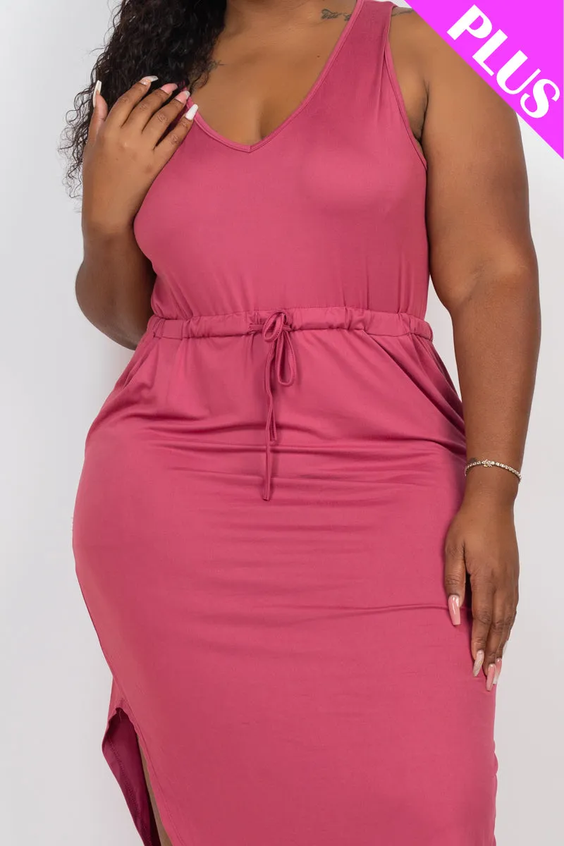 Plus Size Drawstring Sleeveless Midi Dress
