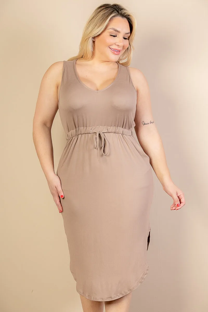 Plus Size Drawstring Sleeveless Midi Dress