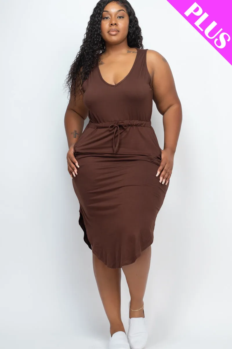 Plus Size Drawstring Sleeveless Midi Dress