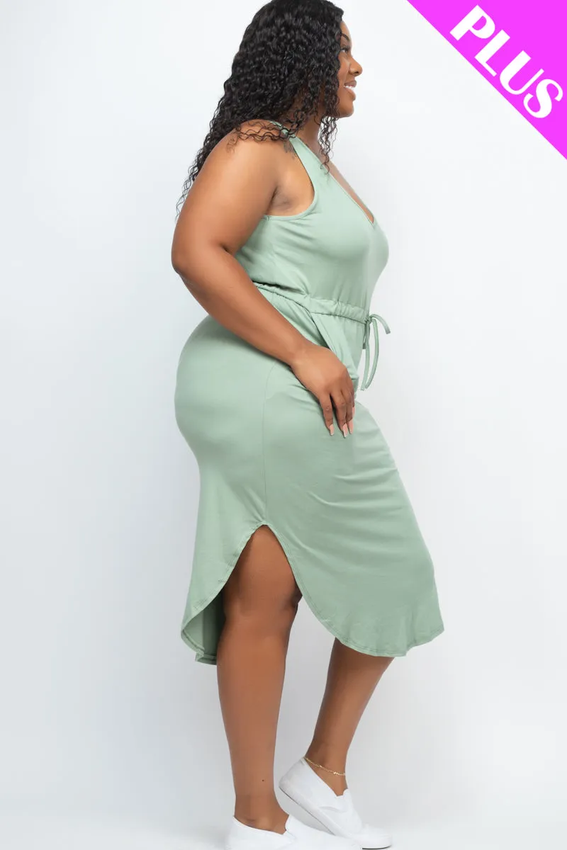 Plus Size Drawstring Sleeveless Midi Dress
