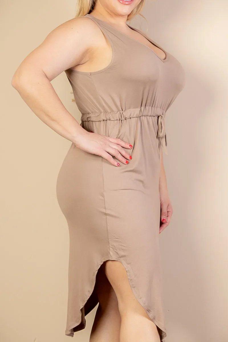 Plus Size Drawstring Sleeveless Midi Dress