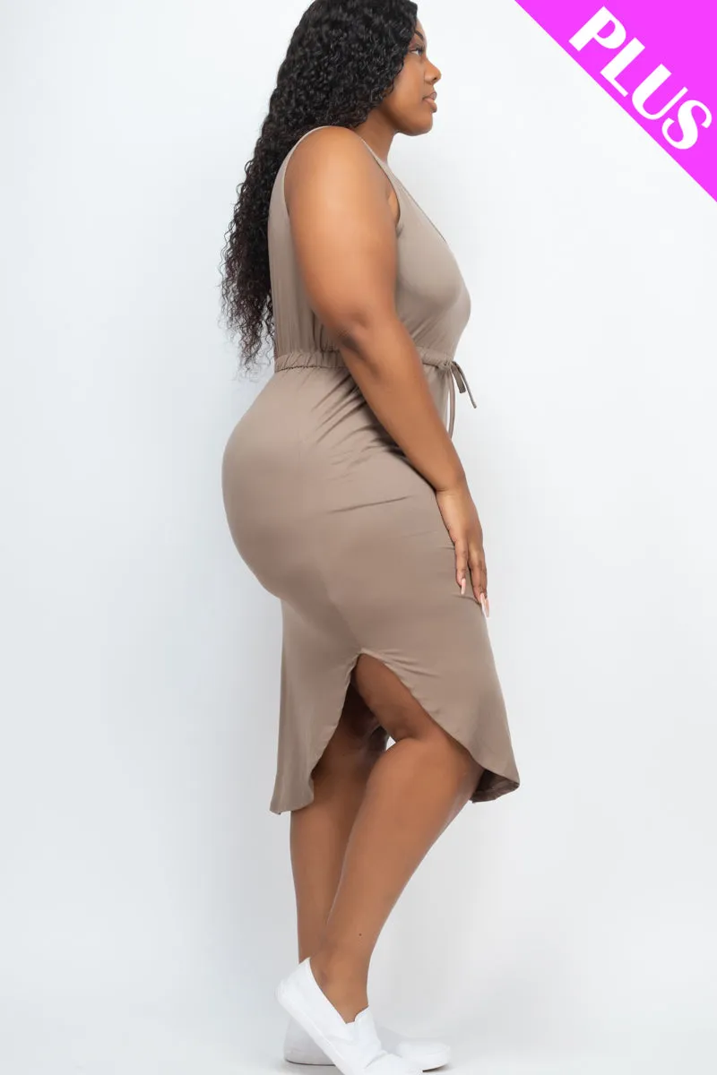 Plus Size Drawstring Sleeveless Midi Dress