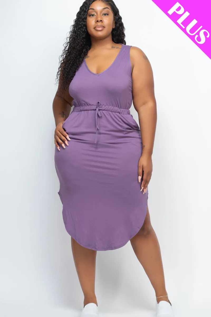 Plus Size Drawstring Sleeveless Midi Dress