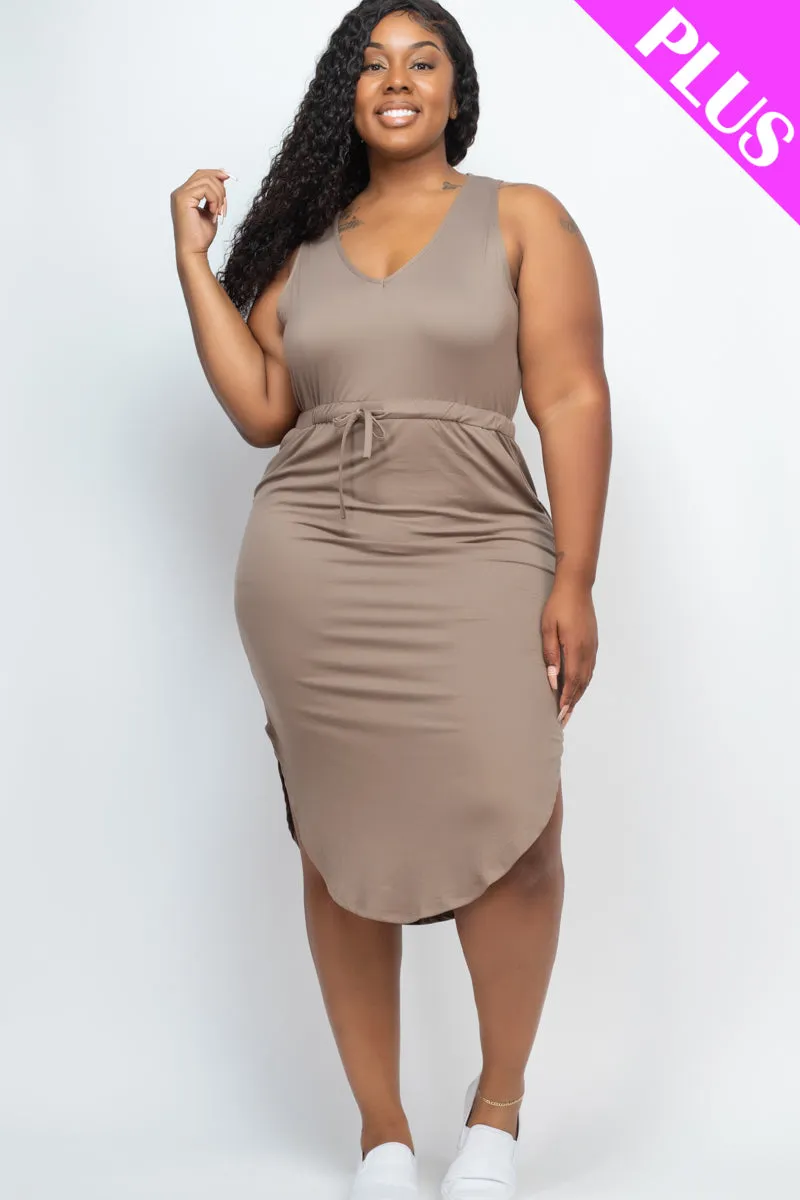 Plus Size Drawstring Sleeveless Midi Dress