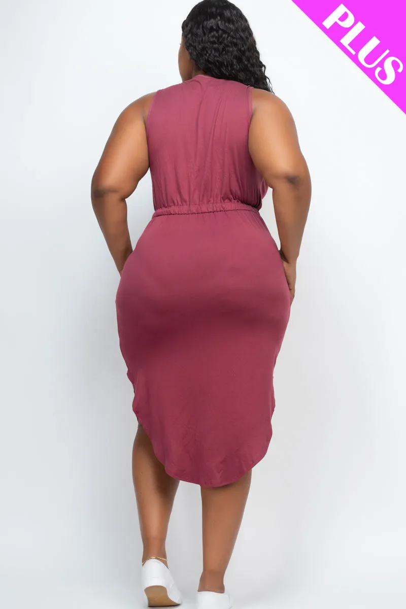 Plus Size Drawstring Sleeveless Midi Dress