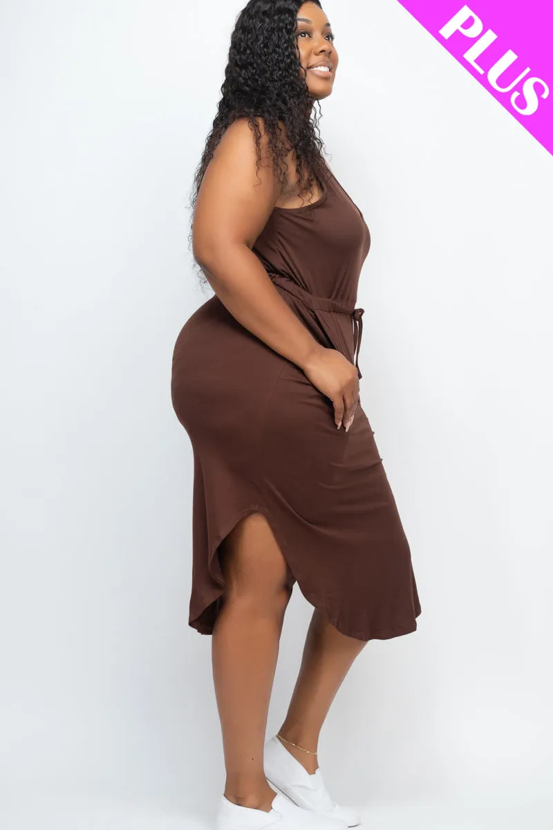 Plus Size Drawstring Sleeveless Midi Dress