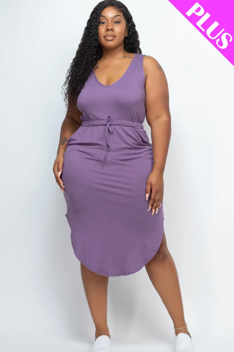 Plus Size Drawstring Sleeveless Midi Dress
