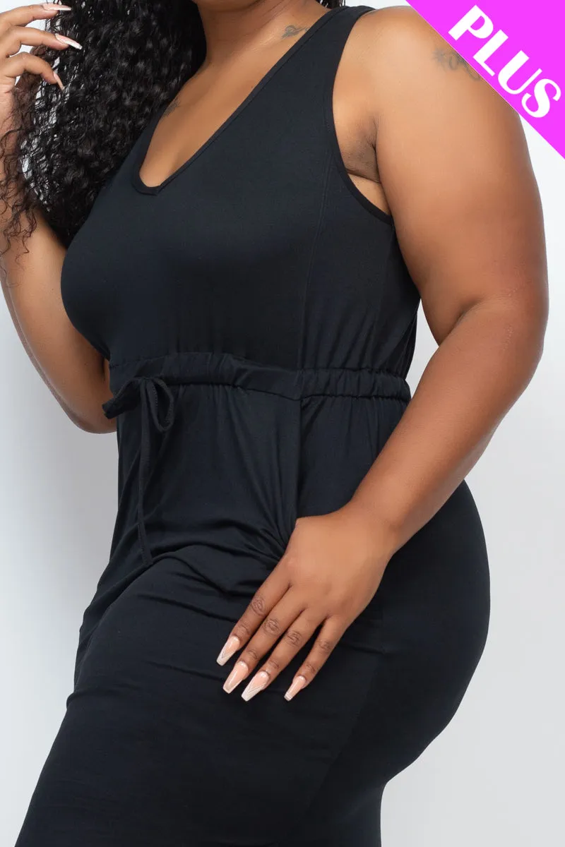 Plus Size Drawstring Sleeveless Midi Dress