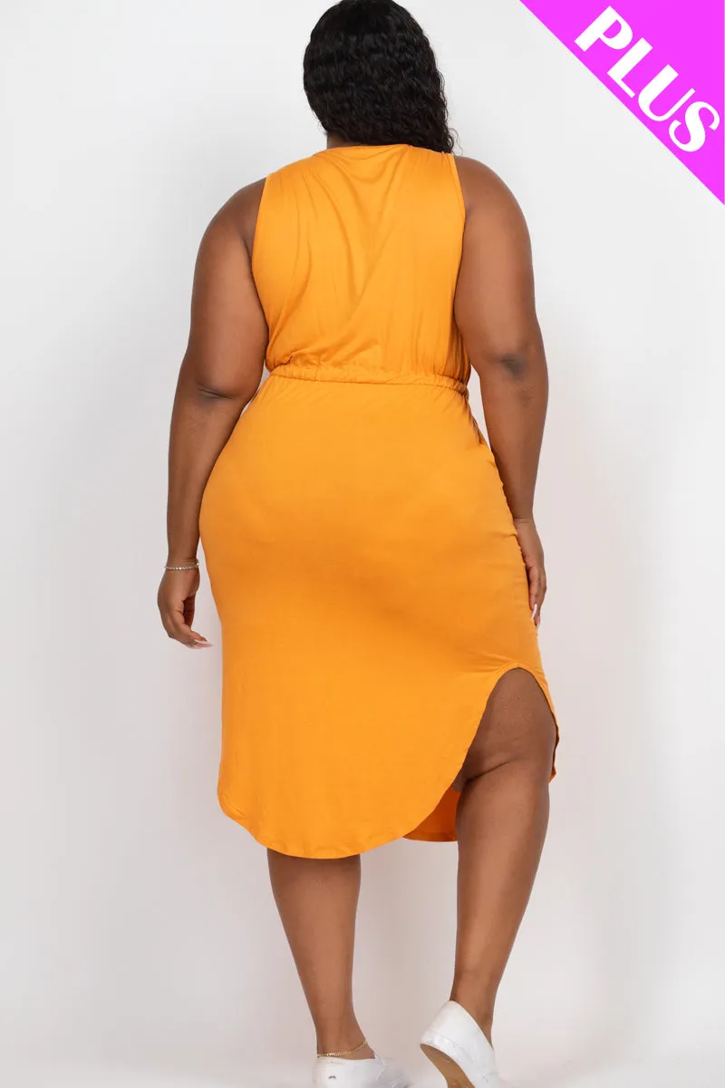 Plus Size Drawstring Sleeveless Midi Dress