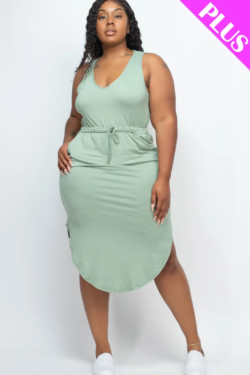 Plus Size Drawstring Sleeveless Midi Dress