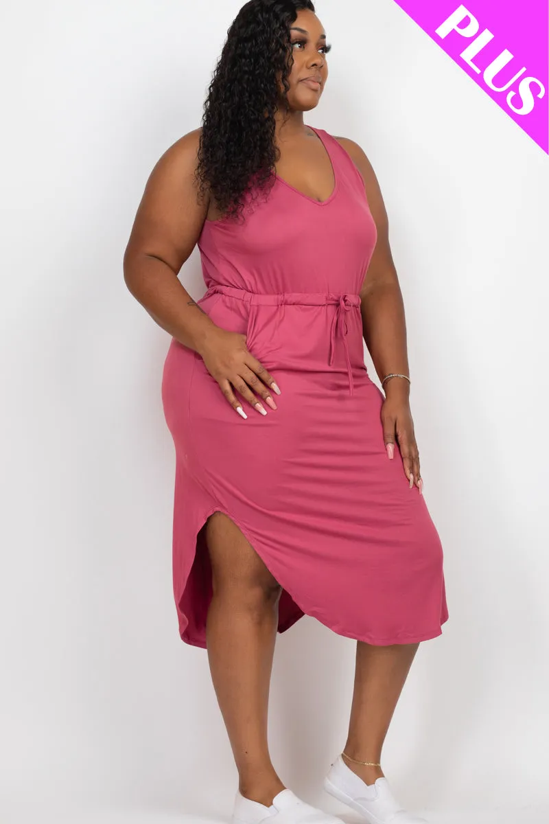 Plus Size Drawstring Sleeveless Midi Dress