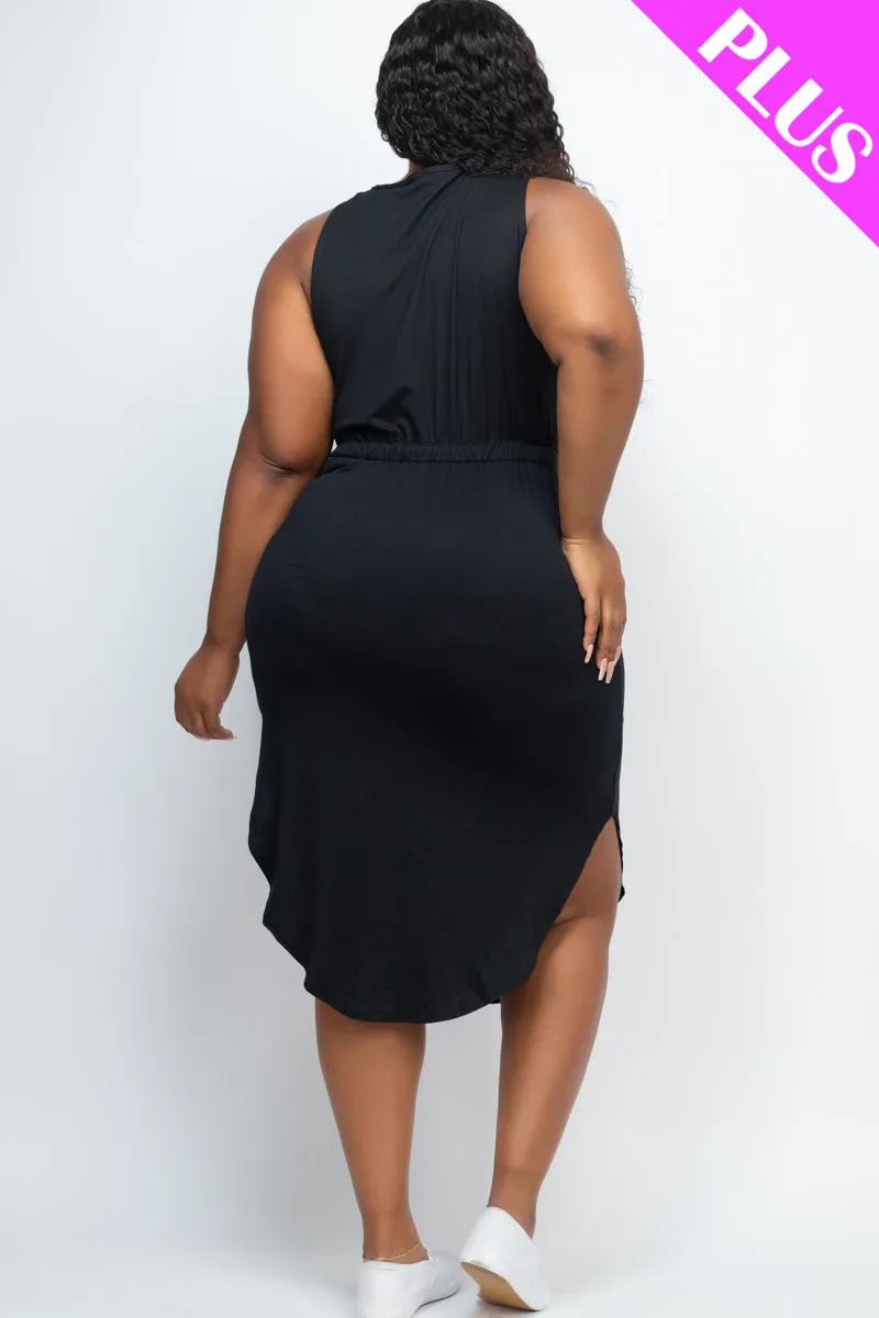 Plus Size Drawstring Sleeveless Midi Dress