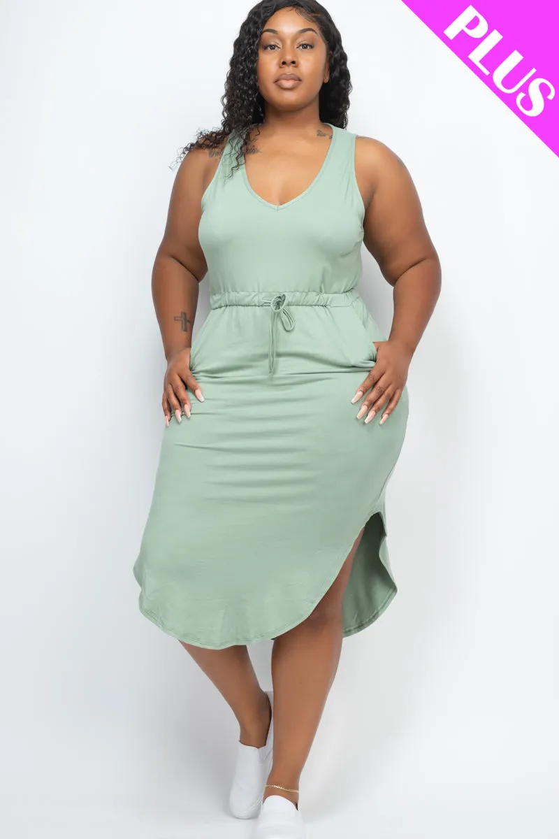 Plus Size Drawstring Sleeveless Midi Dress