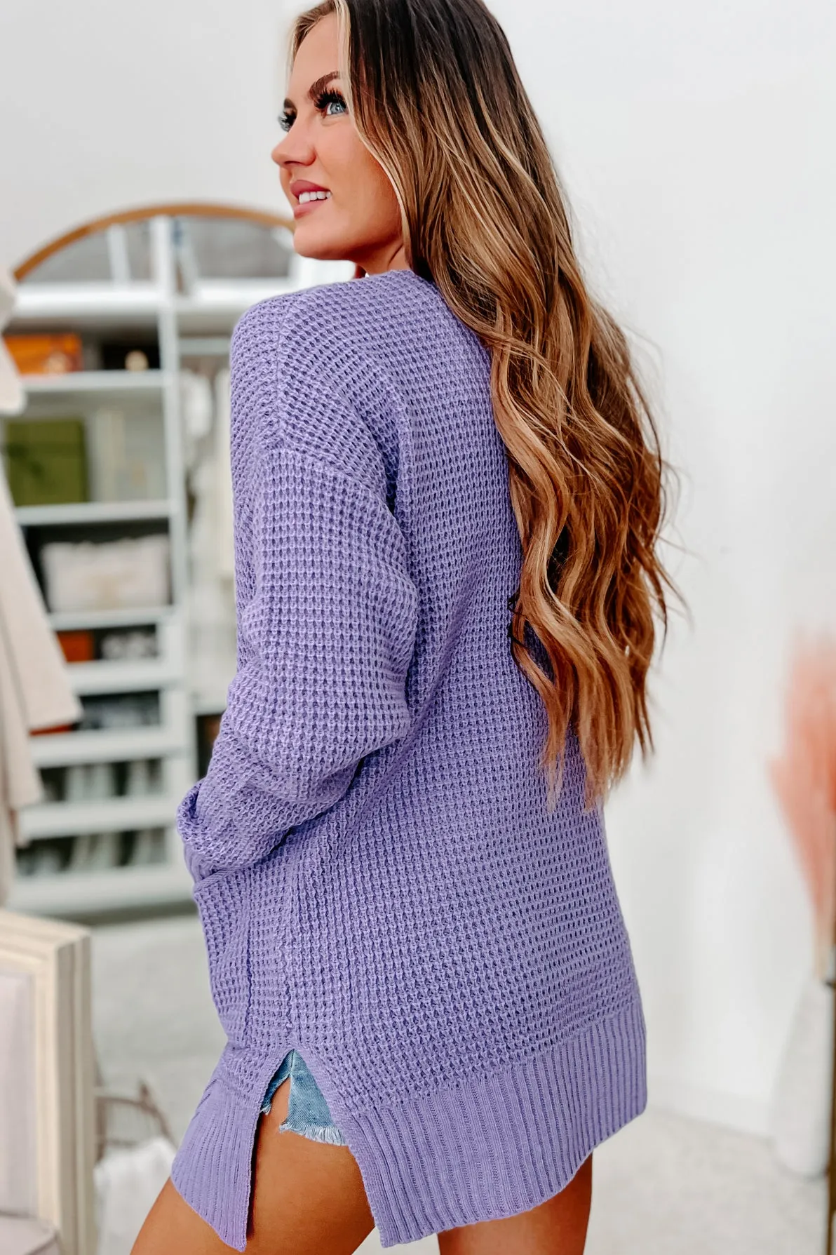 Podcast & Chill Open Front Waffle Knit Cardigan (Lavender)