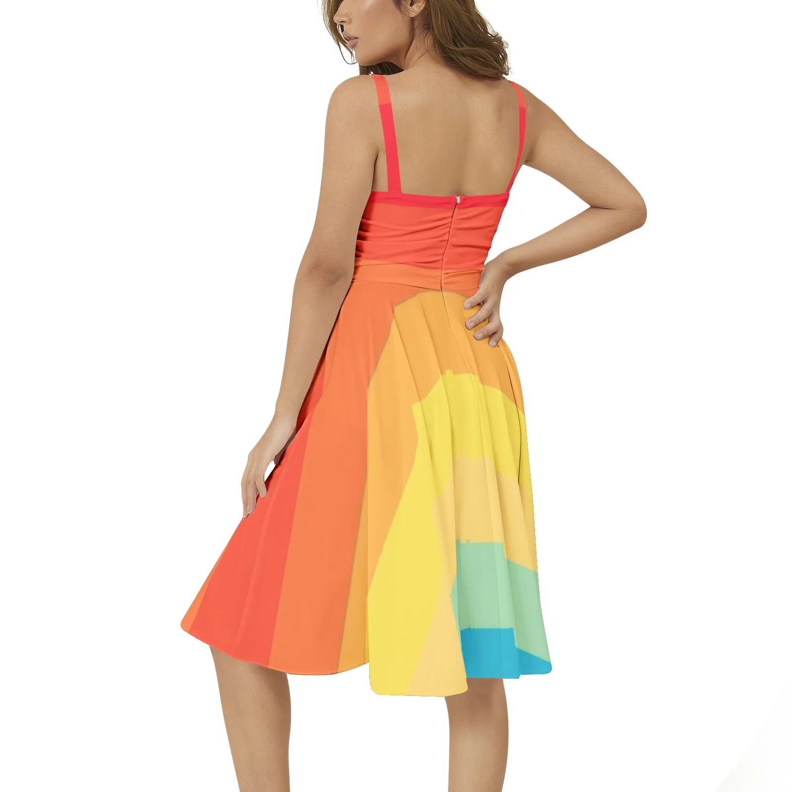 Rainbow mist Sleeveless Square Neck Flare Hem Midi Dress