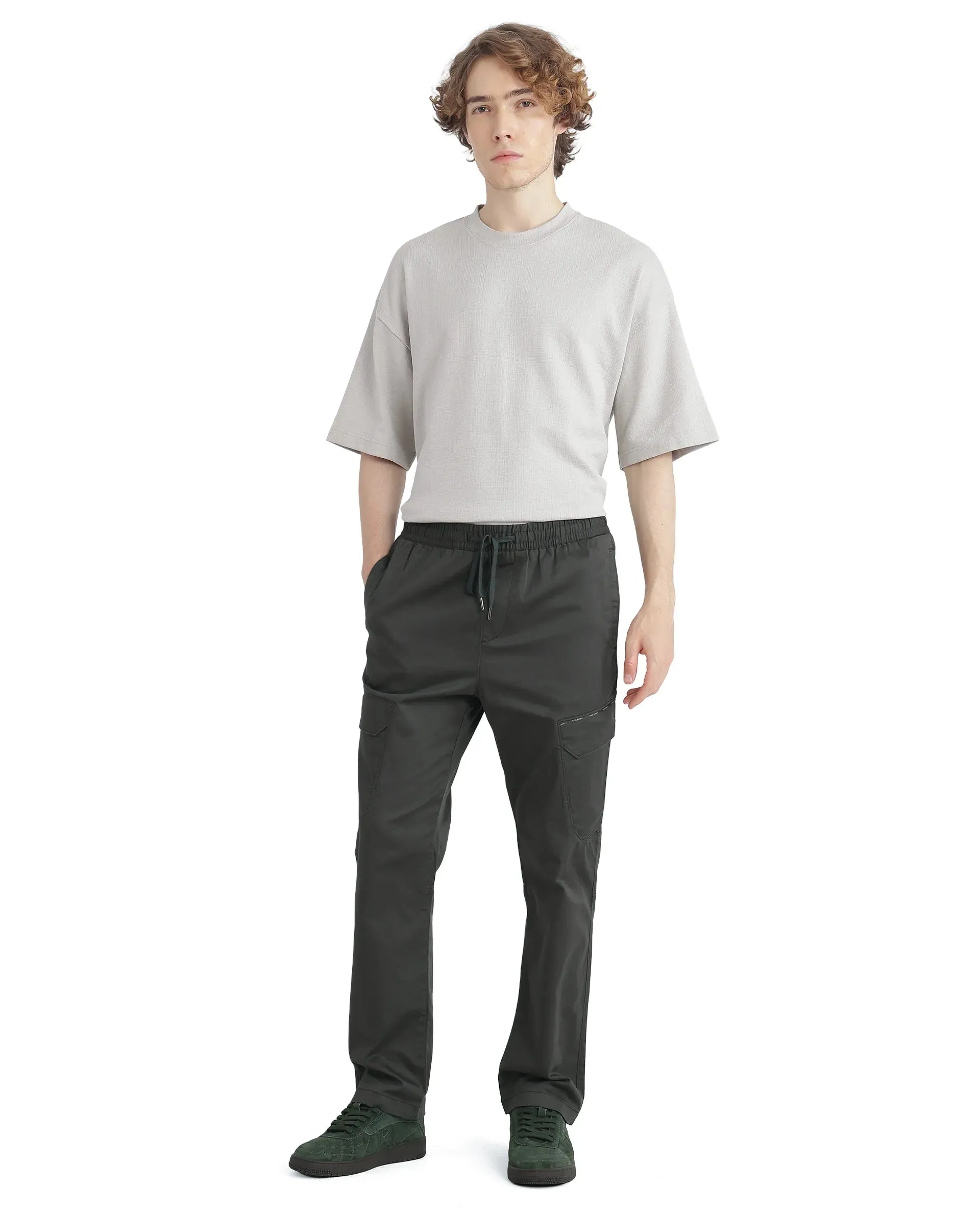 Rare Rabbit Men's Zudi Dark Grey Cotton Fabric Drawstring Closure Regular Fit Cargo Style Trouser