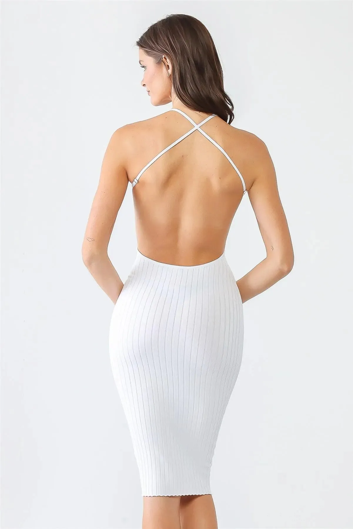 Ribbed Halter Neck Criss-Cross Back Midi Dress