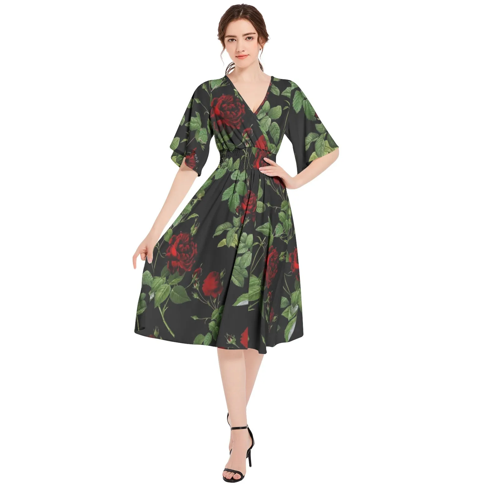 Rose Print Butterfly Sleeve Shirred High Waist A Line Midi Dress