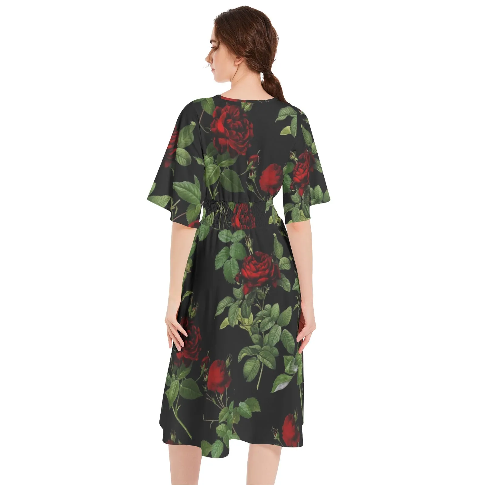 Rose Print Butterfly Sleeve Shirred High Waist A Line Midi Dress
