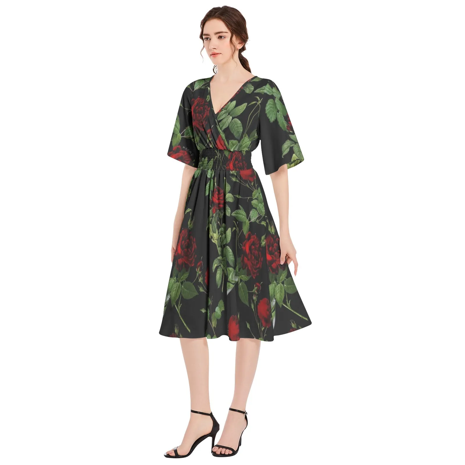 Rose Print Butterfly Sleeve Shirred High Waist A Line Midi Dress