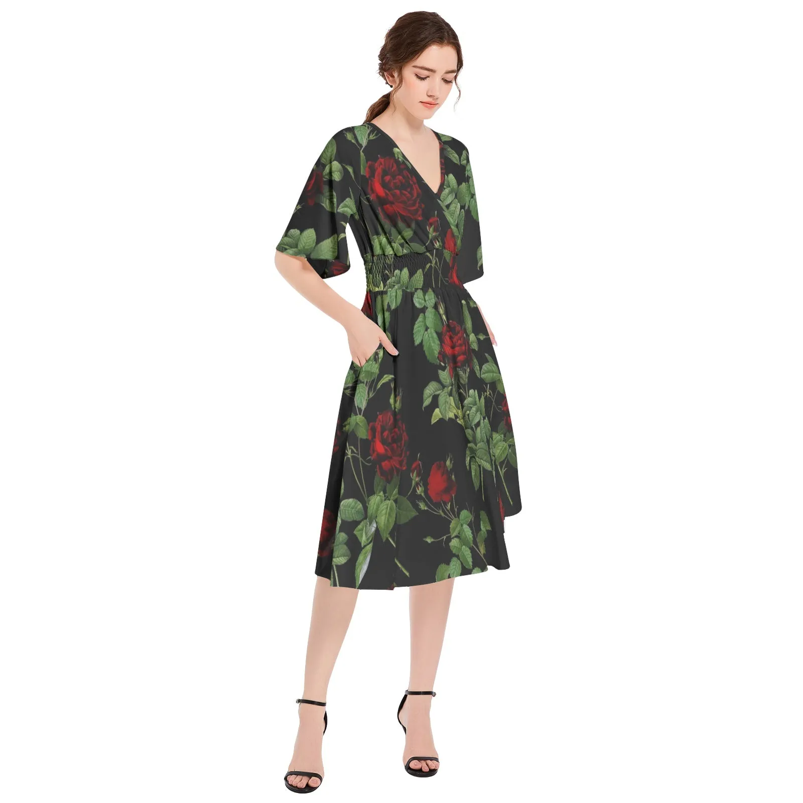 Rose Print Butterfly Sleeve Shirred High Waist A Line Midi Dress
