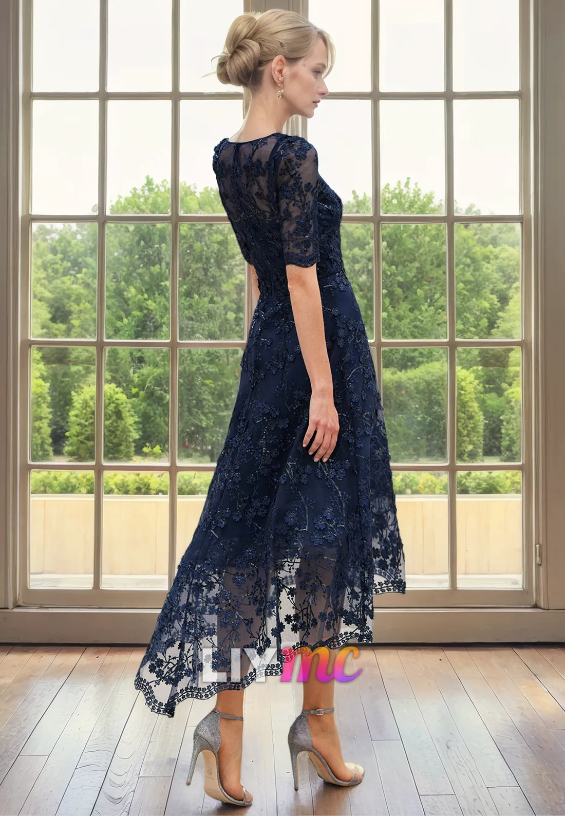 Scoop Half Sleeves Appliques A-Line Mother of Bride Dress Cocktail Dress